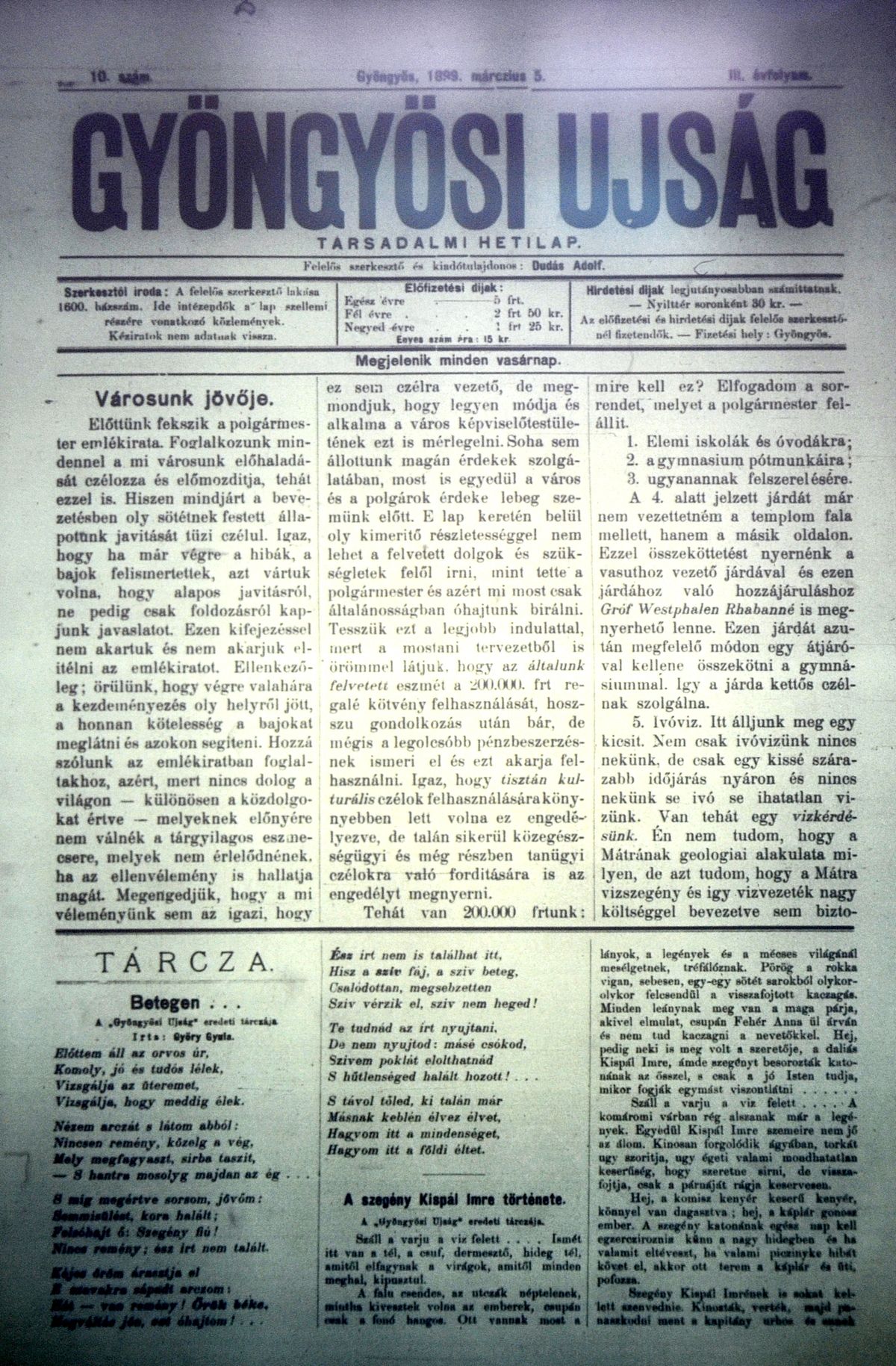 A dudás Adolf által szerkesztett társadalmi hetilap vasárnaponként jelent meg

