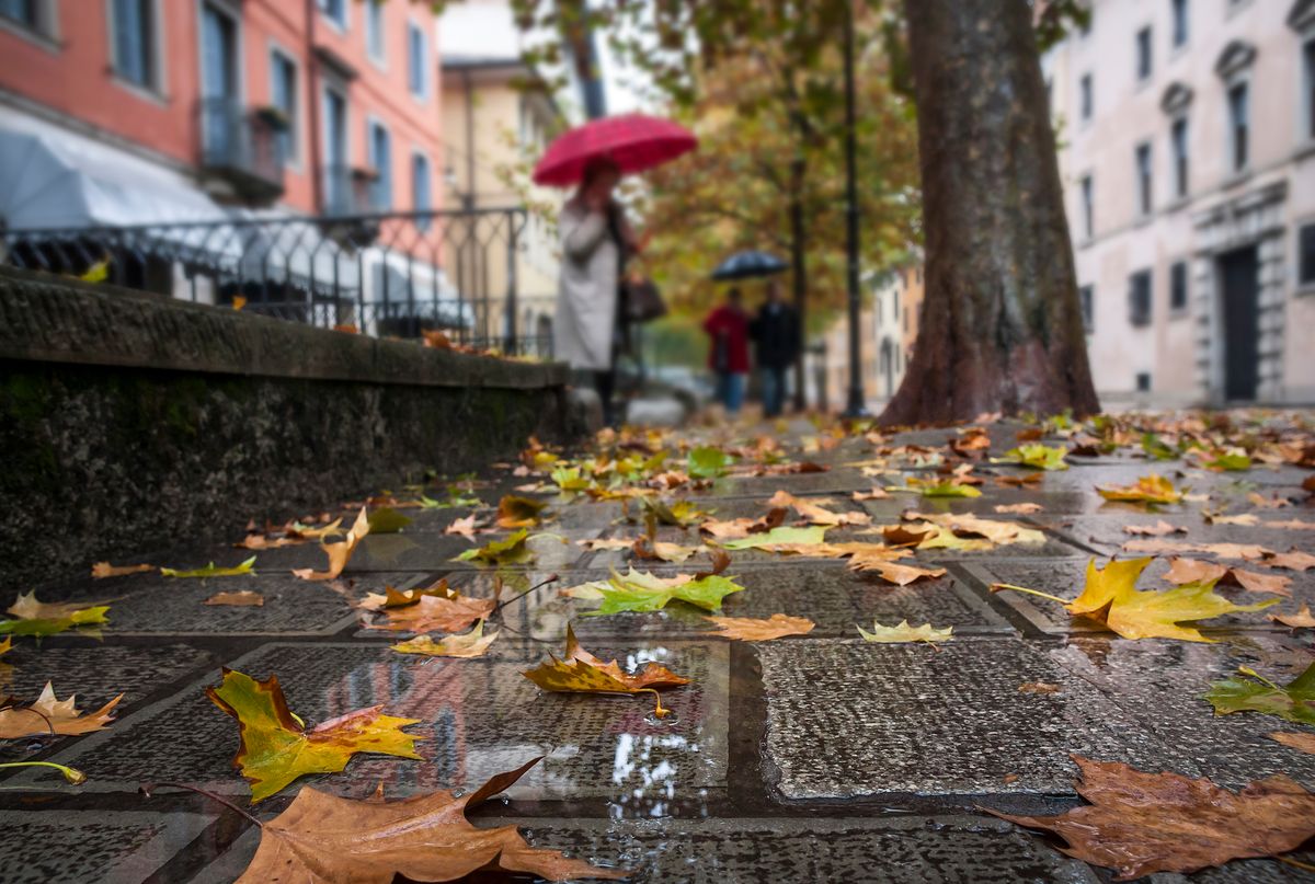 An alley in Udine on a rainy autumn day: leaves on the wet sidewalk and passers-by with raincoat and umbrella
Esős idő várható kettős fronthatással