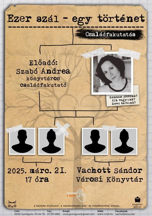 Ezer szál - egy történet címmel tart előadást Szabó Andrea családfakutató a gyöngyösi Vachott Sándor Városi Könyvtárban 17 órakor.
