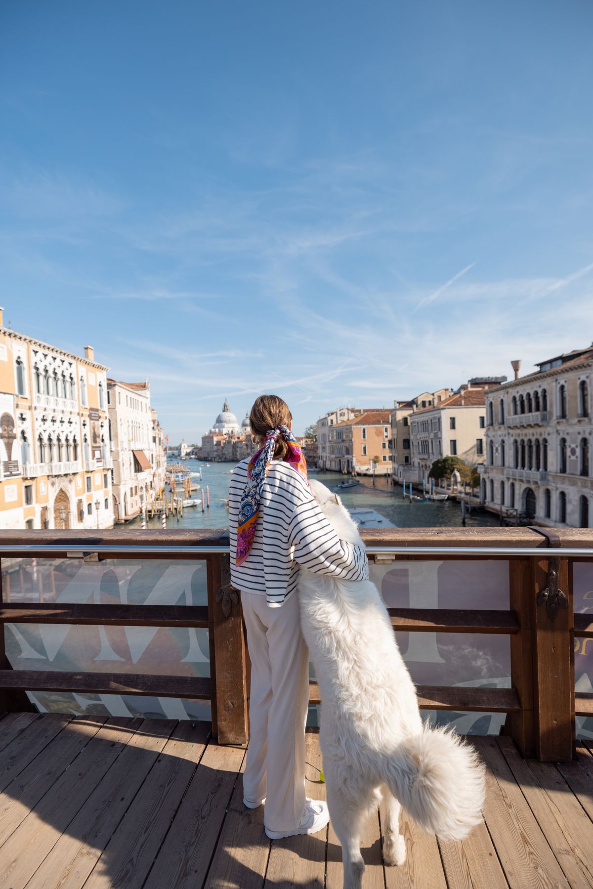Woman with dog traveling in Venice, Italy