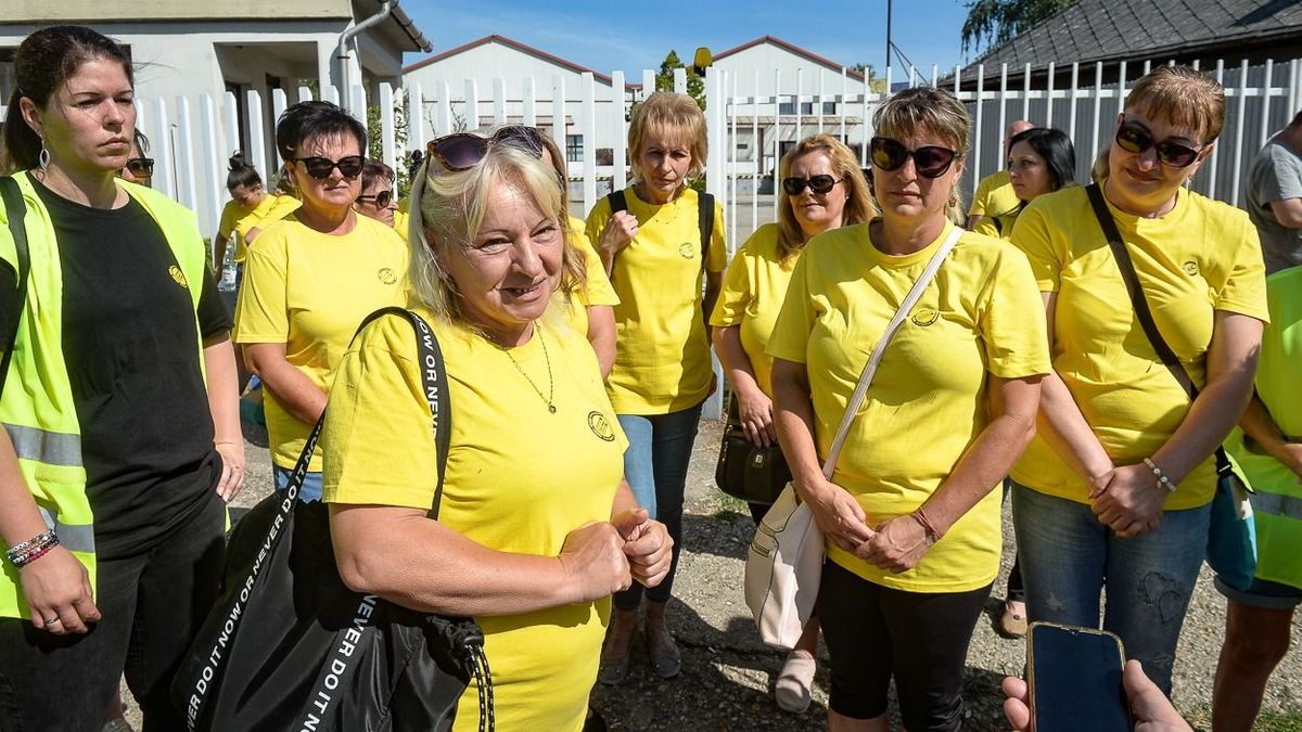 Az elbocsátott dolgozók nevében Kondásné Petrik Mónika beszélt portálunknak a gyöngyöstarjáni telephely előtti júniusi demonstráción
